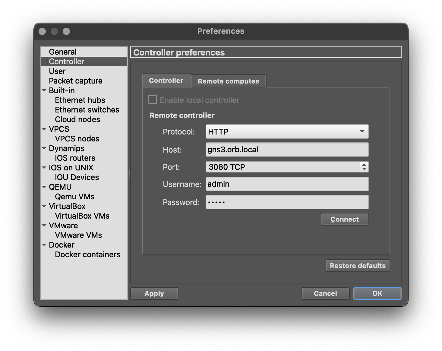GNS3 server preferences