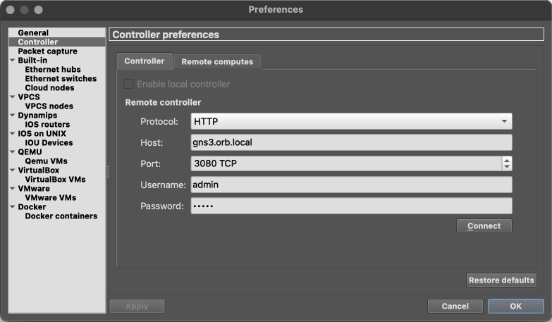 GNS3 server preferences