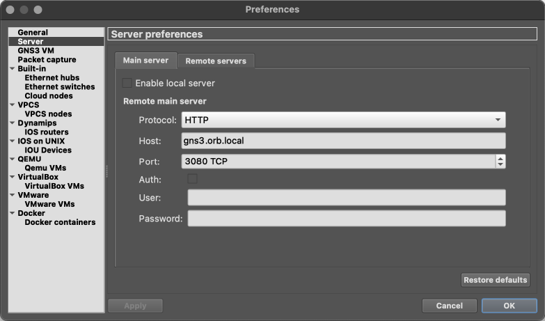 GNS3 server preferences